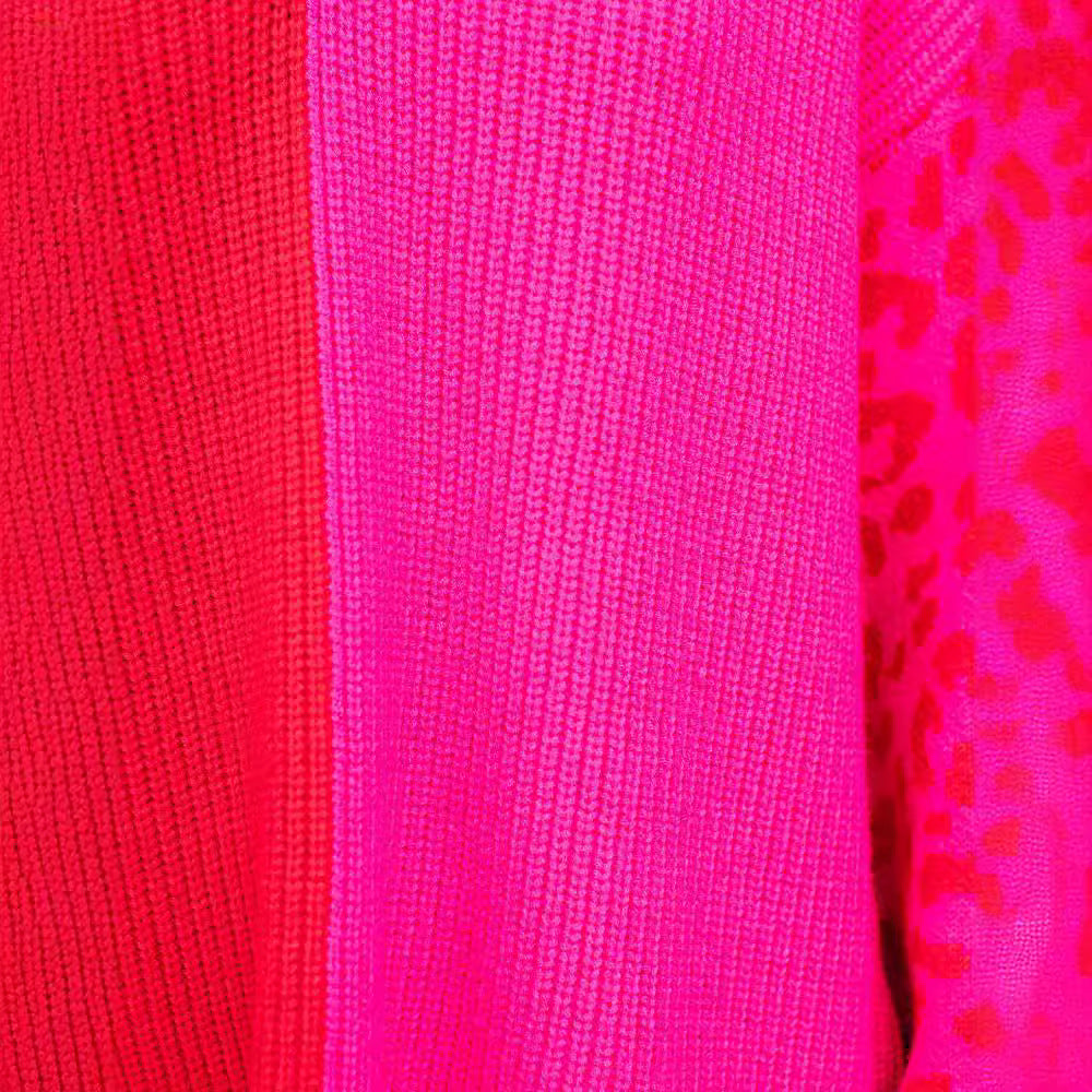 Women's Casual Contrast Color Leopard Print V-neck Fashion Pullover Sweater