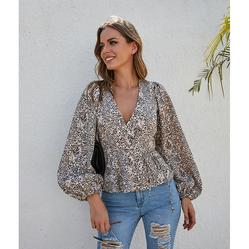 V-neck Lantern Sleeve Leopard Print Temperament Sexy Long-sleeved Top