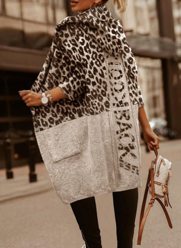 Women's Slouchy Style Loose Commuter Long Sleeve Leopard Woolen Coat
