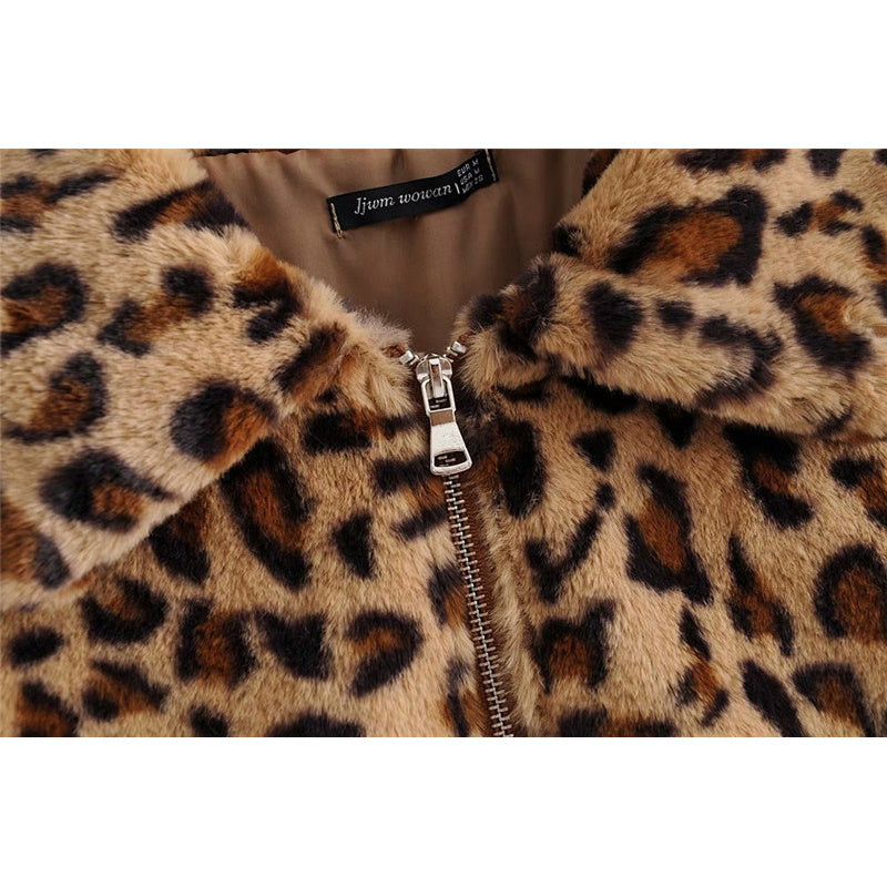 Vintage Leopard Print Lapel Zipper Slim Fit Faux Fur Cotton Jacket