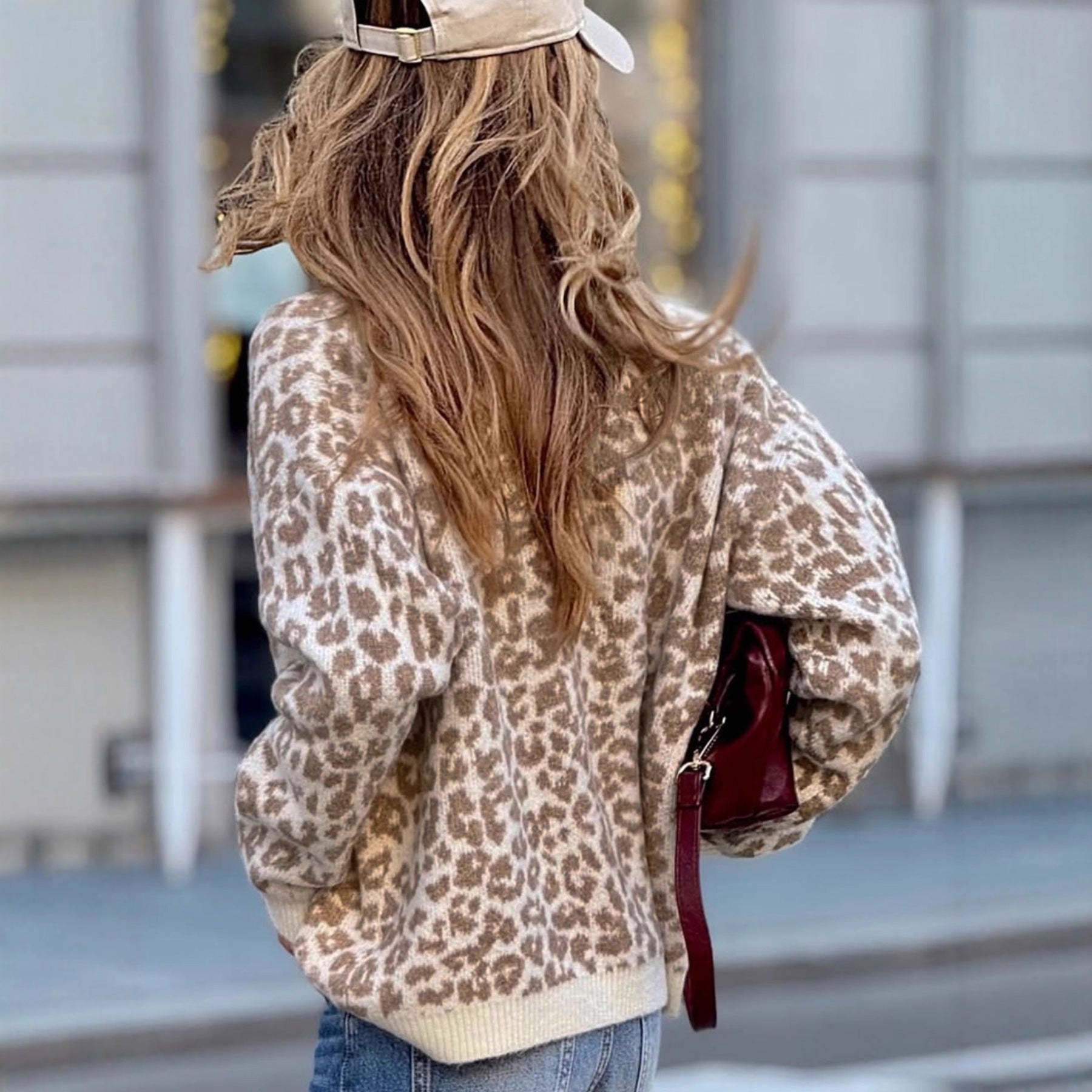Knitted Round Neck Long Sleeve Leopard-print Sweater Cardigan