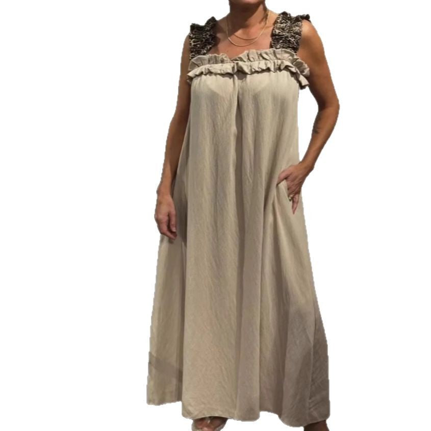 Women's Casual Sling Stitching Leopard Print Pocket Cotton Linen Dress