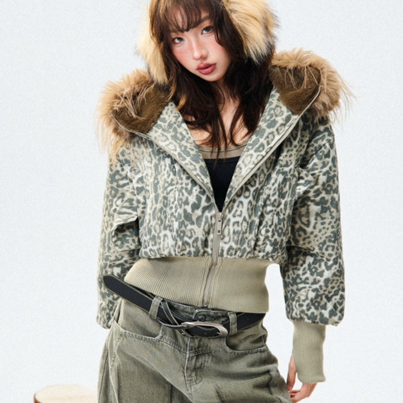 Thickened Slim-fit Short American-style Leopard Print Cotton Jacket