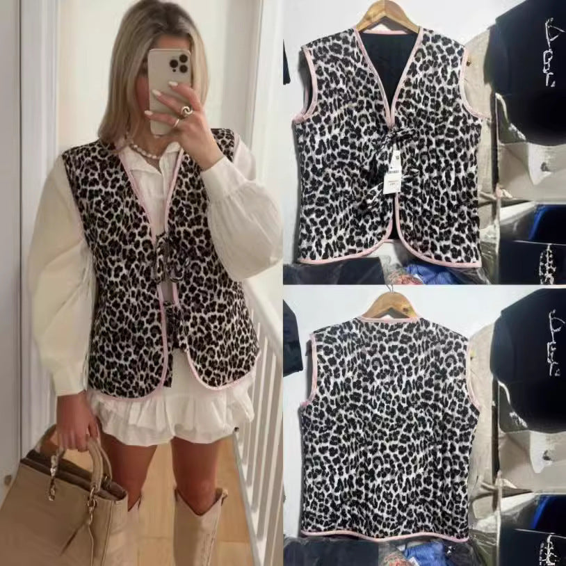 Leopard Bow Lace-up Vest Warm
