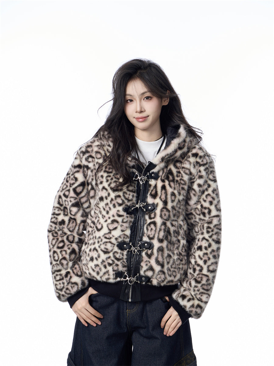 Hooded Jacket Women's Loose Thick Leopard Print Full Print Design Street Coat
