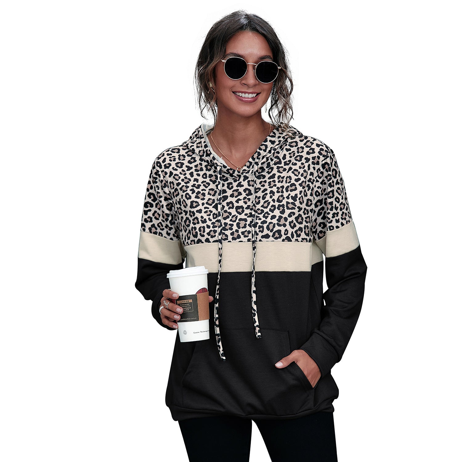 Long Sleeve Sweatshirt Leopard Print Panel Hooded Top