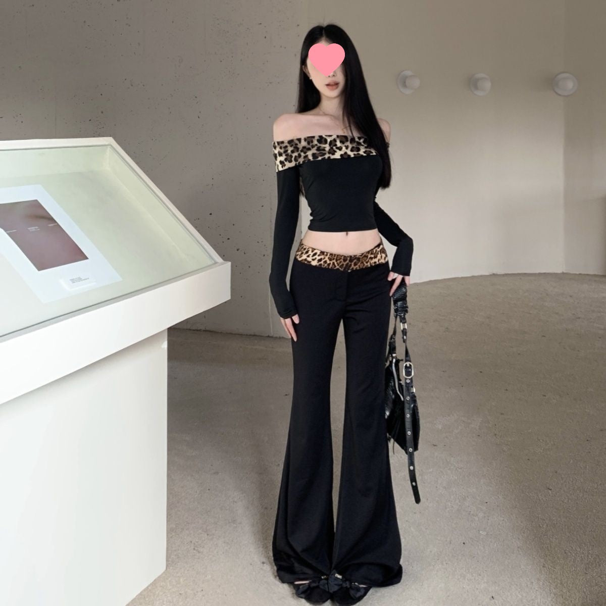 Off-shoulder Leopard Splicing Long Sleeve Autumn And Winter American Hot Girl Suit