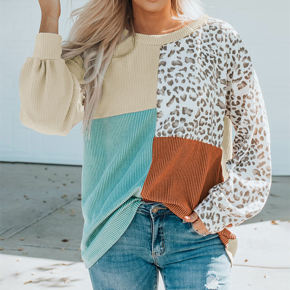Women's Leopard Print Round Neck Long Sleeve Contrast Color Top