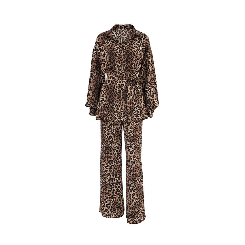 Fashion Leopard-print Long-sleeved Shirt Trousers Two-piece Set