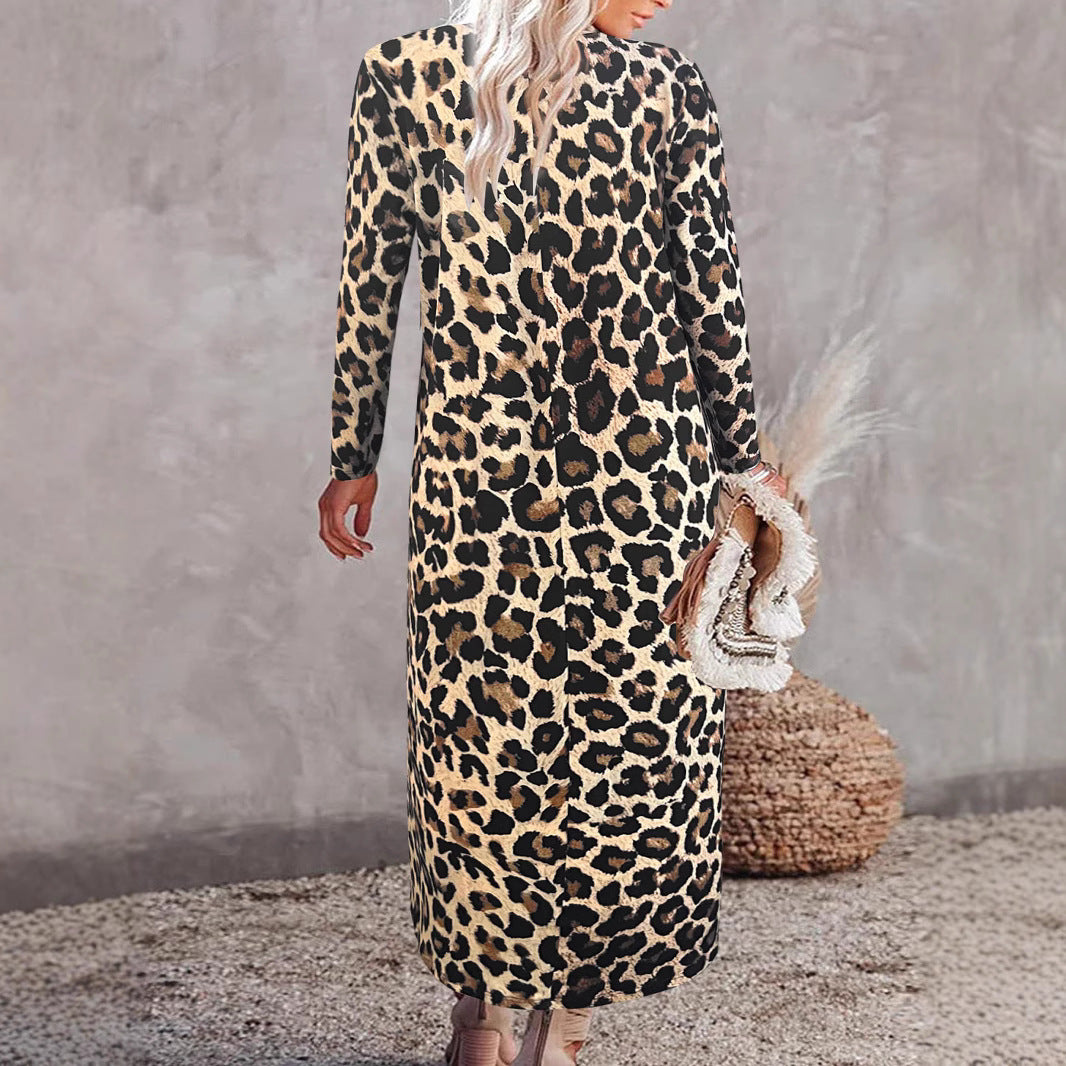 Leopard Print Leisure Pullover Elegant Long Sleeve Blouse Dress
