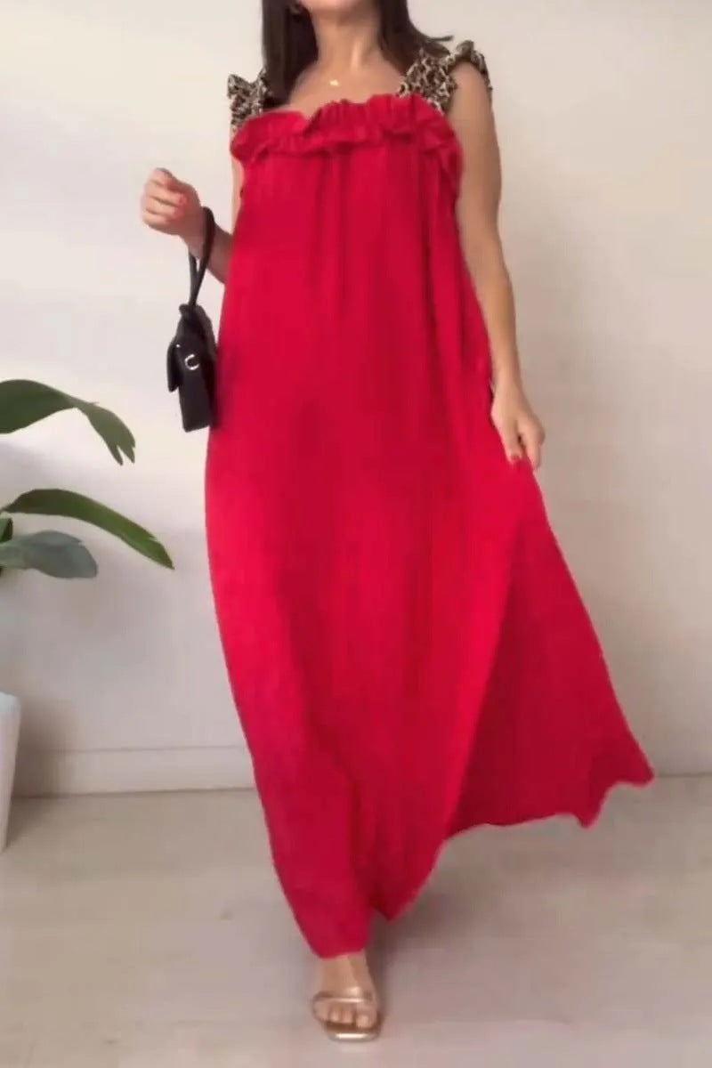 Women's Casual Sling Stitching Leopard Print Pocket Cotton Linen Dress