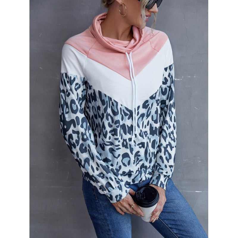 Leopard Print Contrast Stitching Pullover Hoodie