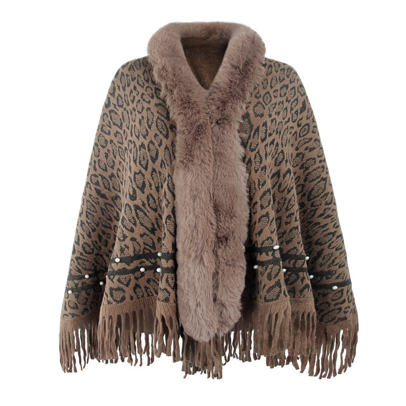 Women's Fringed Warm Leopard Print Fur Collar Coat
