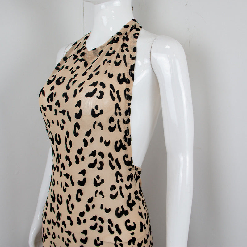 Sommer Neue Leopard Print Mesh Beflockung Perspektive Schlanker Ausschnitt Kleid