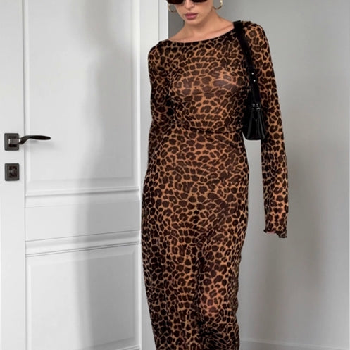 Stylish Leopard Print Off-neck Bell Sleeve Dress for Her