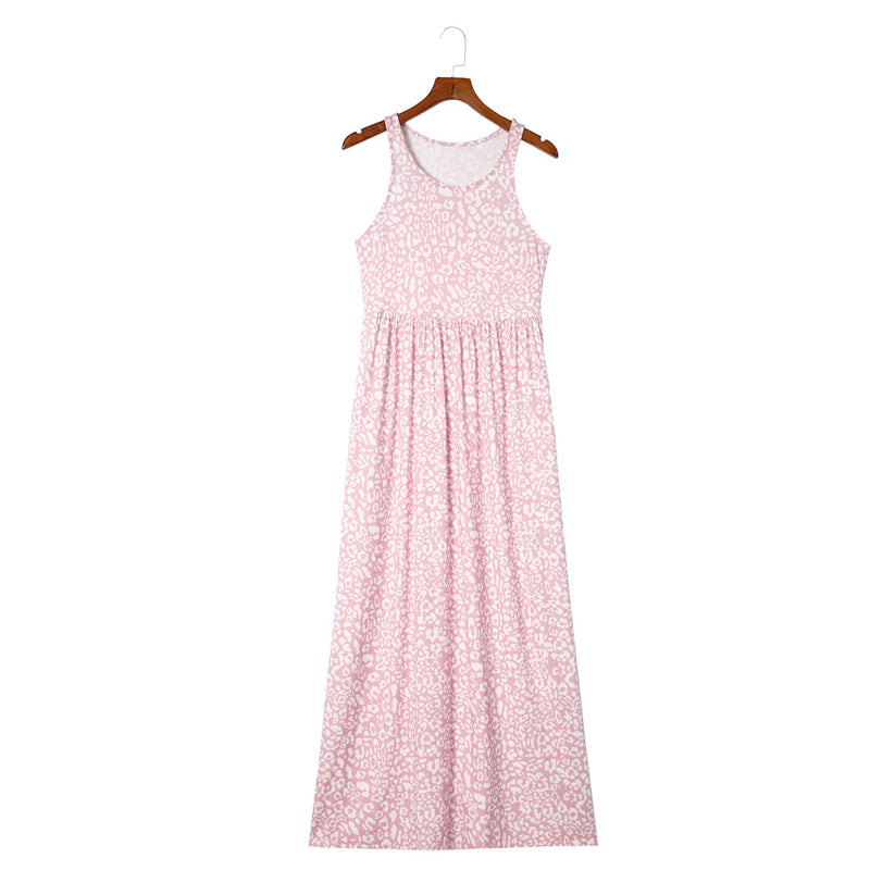 Leopard Print Vest Sleeveless Round Neck And Long Pattern Dress