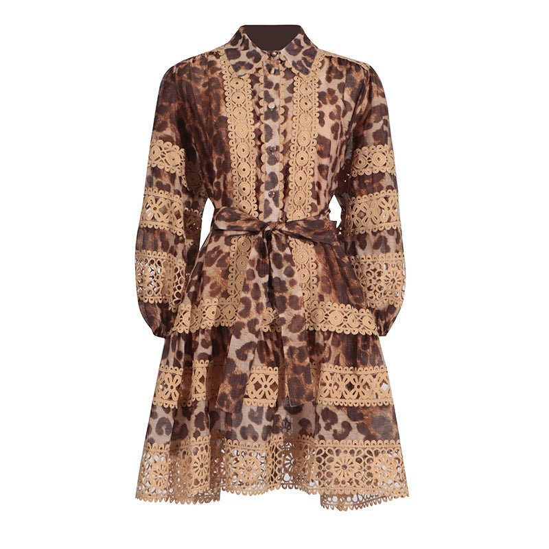 Langärmeliges hohles Kleid mit Leopardenmuster Frauen
