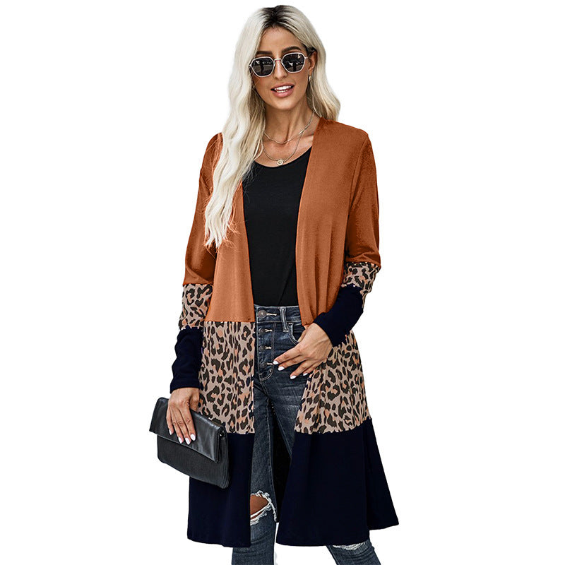 Scarf Collar Leopard Print Stitching Loose Knit Sweater Women's Jacket