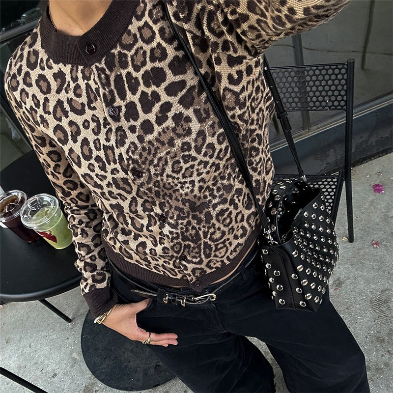 Design Leopard Print Long Sleeve Knitted Cardigan Top