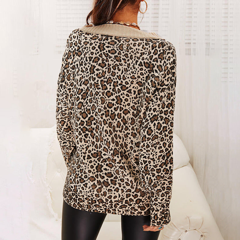 Leopard Print Long-Sleeved V-Neck Loose Casual Sweater